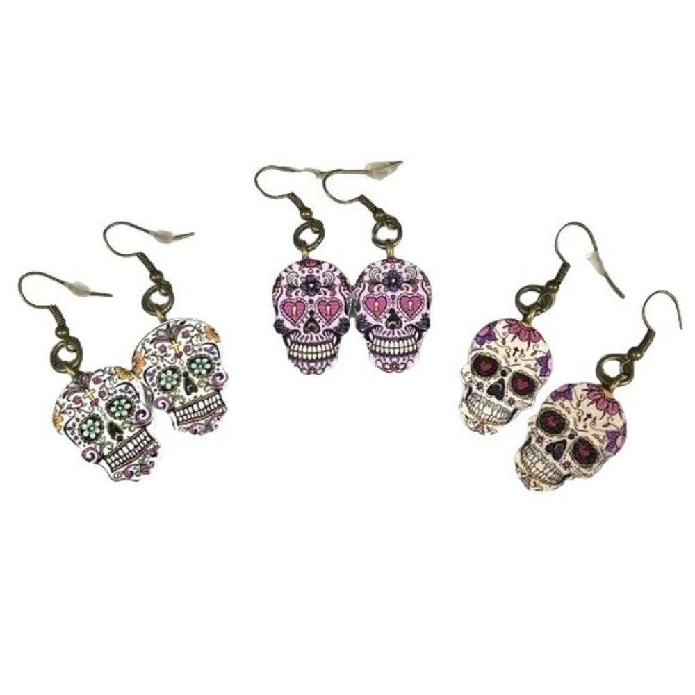 Set of 3 Handmade sugar skull earrings